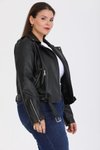 Siyah Büyük Beden Kemerli Deri Biker Ceket