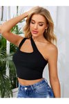 Siyah Çapraz Askılı Asimetrik Yaka Cool Crop Bluz