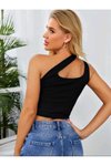 Siyah Çapraz Askılı Asimetrik Yaka Cool Crop Bluz