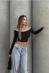 Black Striped Ottoman Fabric Madonna Crop