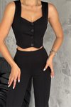 Siyah Crep Kumaş Yelek Pantolon İkili Takım