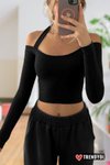 Siyah Crop Top Uzun Kol Boyundan Askılı Göğüs Dekolteli Açık Omuz Madonna Kayık Yaka Spor Body Bluz