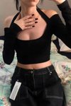 Siyah Crop Top Uzun Kol Boyundan Askılı Göğüs Dekolteli Açık Omuz Madonna Kayık Yaka Spor Body Bluz