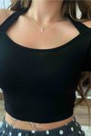 Siyah Crop Top Uzun Kol Boyundan Askılı Göğüs Dekolteli Açık Omuz Madonna Kayık Yaka Spor Body Bluz