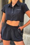 Siyah Eskitme Kumaş Şort İkili Takım