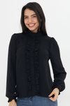 Siyah Fırfır Detay Hakim Yaka Uzun Kol Gömlek