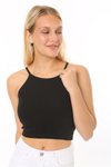 Siyah Fitilli Crop Halter Yaka Örme Atlet