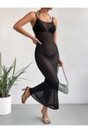 Siyah Fitted/vücuda Oturan Askı Boyu Ayarlanabilen Esnek Tül Elbise