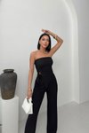 Siyah Gofre Kumaş Straplez Asimetrik Bluz Ve Pantolon İkili Takım