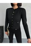 Siyah Gold Düğmeli Çift Cepli Triko Hırka