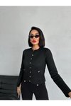 Siyah Gold Düğmeli Çift Cepli Triko Hırka