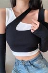Siyah Ikili Crop Beyaz. Bluz
