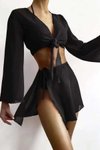 Siyah Ispanyol Kollu Göbek Bağlamalı Tül Bluz Ve Bel Pareo Plaj Takım