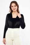 Siyah Kadife Büzgü Detay Uzun Kol Esnek Kumaş Çıtçıtlı Body