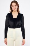 Siyah Kadife Büzgü Detay Uzun Kol Esnek Kumaş Çıtçıtlı Body