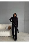 Siyah Kapüşonlu Çizgi Detaylı Triko Alt-üst Takım