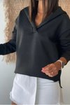 Siyah Kapüşonlu Oversize Arkası Uzun Bluz Sweatshirt