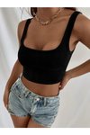 Siyah Kare Yaka Askılı Crop Atlet