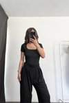 Siyah Kare Yaka Basic Bodysuit