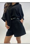 Siyah Keten Şortlu Gömlekli Alt Üst Kemer Detaylı İkili Takım