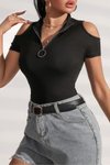 Siyah Kısa Kollu Omuz Detaylı Fermuarlı Fitilli Esnek Bluz