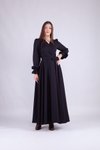 Siyah Kruvaze Yaka Uzun Kol Tesettür Abiye Elbise