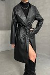 Siyah Kuşaklı Düğmesiz Suni Deri Uzun Trençkot
