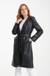 Siyah Kuşaklı Düğmesiz Suni Deri Uzun Trençkot