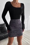 Siyah Leopar Mini Desenli Fermuarlı Etek