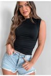 Siyah Likralı Dikişsiz Balıkçı Yaka Yanları Büzgülü Atlet Bluz