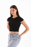 Siyah Likralı Kısa Kol Crop Bluz