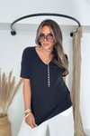 Siyah Likralı Örme Kumaş V Yaka Tshirt