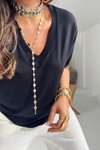 Siyah Likralı Örme Kumaş V Yaka Tshirt