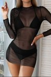 Siyah Likralı Pareo Süper Bodycon Tül Elbise
