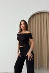 Siyah Madonna Yaka Bluz Ve Pantolon Gofre İkili Takım