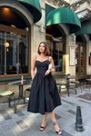 Siyah Midi Askılı Linor Gipe Detay Elbise