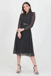 Siyah Midi Astarlı Kemer Ve Puantiye Detaylı Elbise