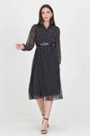 Siyah Midi Astarlı Kemer Ve Puantiye Detaylı Elbise