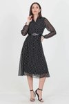 Siyah Midi Astarlı Kemer Ve Puantiye Detaylı Elbise