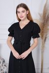 Siyah Midi Bağlama Detaylı Düğmeli V Yaka Elbise