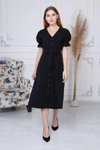 Siyah Midi Bağlama Detaylı Düğmeli V Yaka Elbise