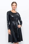 Siyah Midi Bisiklet Yaka Bağlama Detaylı Deri Görünümlü Kışlık Elbise
