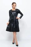 Siyah Midi Bisiklet Yaka Bağlama Detaylı Deri Görünümlü Kışlık Elbise
