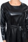 Siyah Midi Bisiklet Yaka Bağlama Detaylı Deri Görünümlü Kışlık Elbise