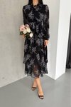 Siyah Midi Desenli Şifon Elbise