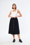 Siyah Midi Düğme Detaylı Keten Etek