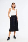 Siyah Midi Düğme Detaylı Keten Etek