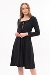 Siyah Midi Göğsü Bağlama Detaylı Uzun Kol Mevsimlik Elbise