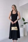 Siyah Midi Kalın Askılı Kare Yaka Eteği Fırfırlı Crep Kumaş Elbise