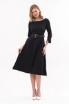 Siyah Midi Kemerli Bisiklet Yaka Elbise